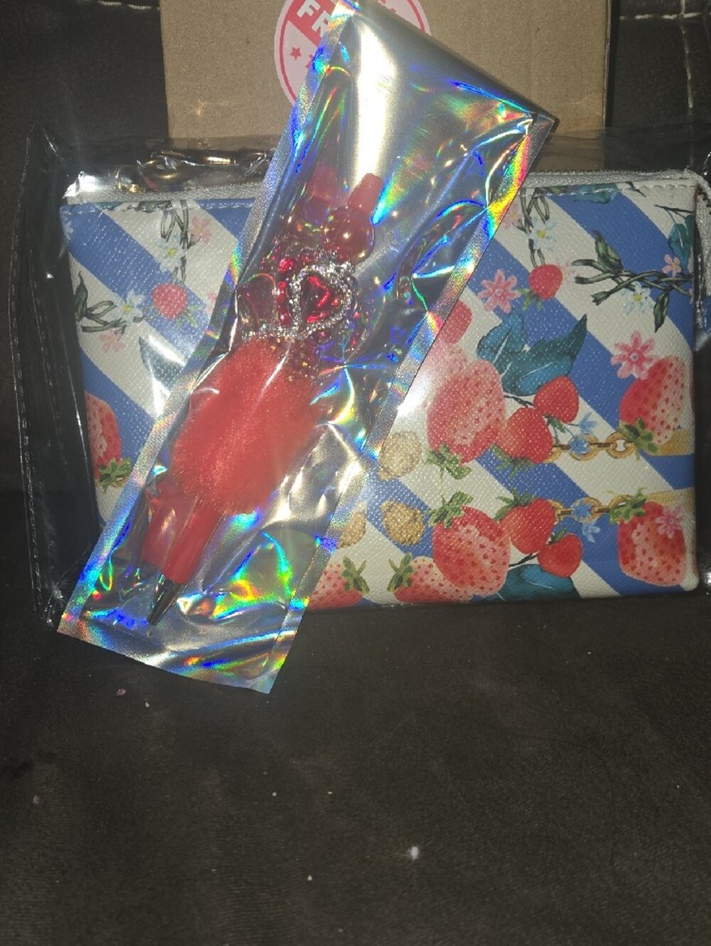 Kurt Geiger Strawberry Print Cosmetic Pouch with Red Feather Charm - Picture 3 of 10